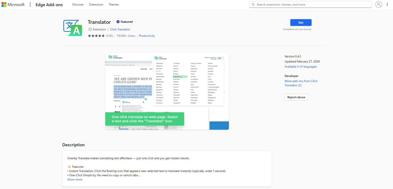 Microsoft Edge Add-ons store listing for an extension named Translator by publisher Click Translator, showing a Featured badge, a five-star rating from 3.2 thousand ratings, more than 78,000 users, version 0.4.2 updated February 27 2026, and a Get button
