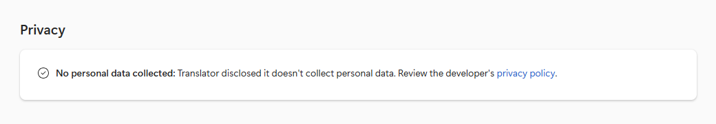 Privacy section of the store listing reading: No personal data collected. Translator disclosed it doesn't collect personal data. Review the developer's privacy policy.