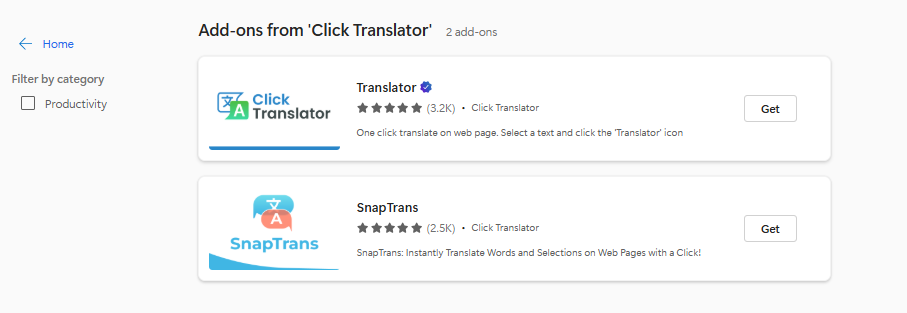 The publisher page for Click Translator showing two add-ons. The first is Translator, five stars from 3.2 thousand ratings. The second is SnapTrans, five stars from 2.5 thousand ratings, described as instantly translate words and selections on web pages with a click.