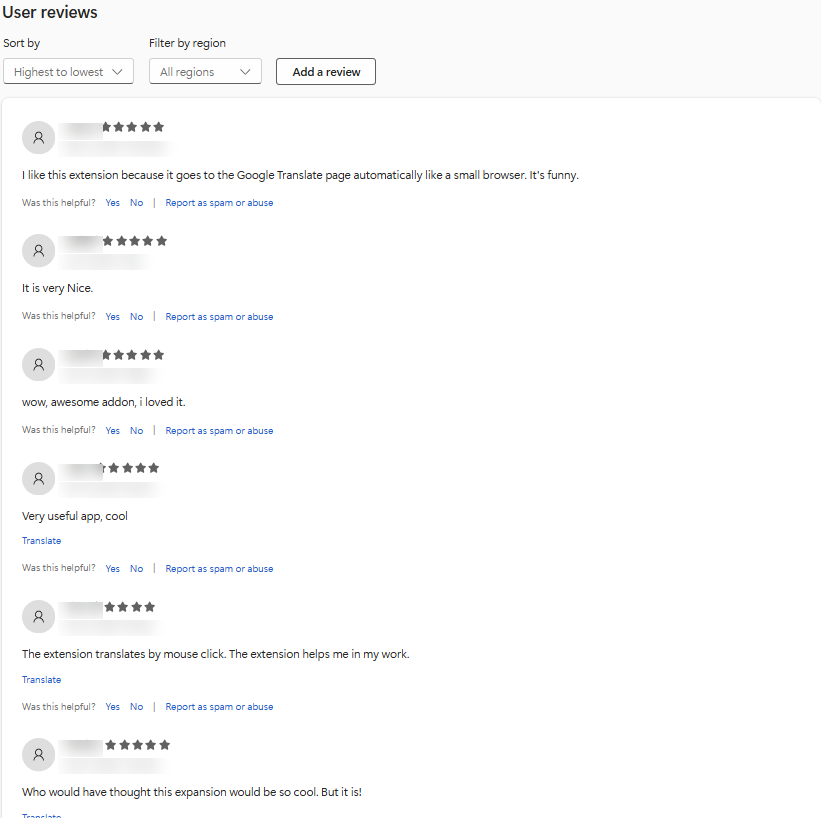 A five-star review, reviewer name and date blurred, reading: I like this extension because it goes to the Google Translate page automatically like a small browser. It's funny.