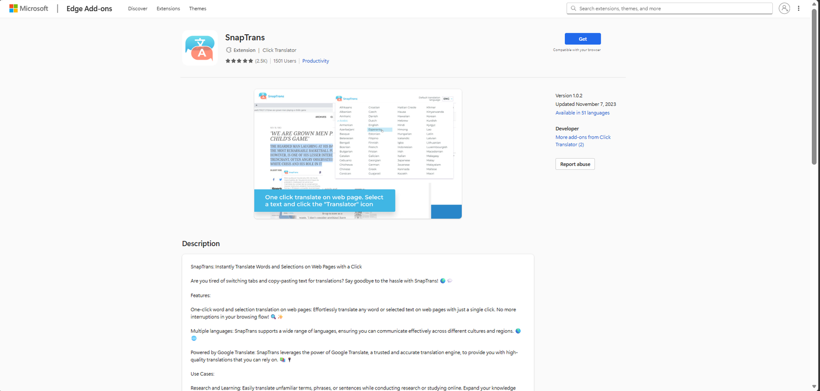 The SnapTrans store listing, version 1.0.2 updated November 7 2023, 1501 users, five stars from 2.5 thousand ratings, publisher Click Translator, with a product screenshot identical in layout to the first extension.