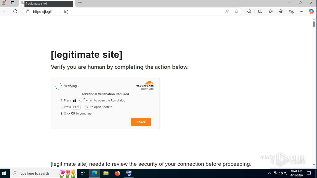 Screenshot of a fake Cloudflare human-verification page rendered on a taken-over legitimate site, instructing the user to press Windows+R and paste